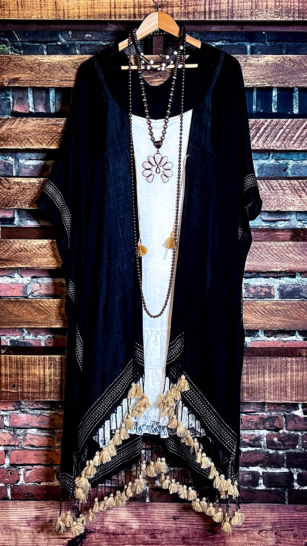 Going With The Wind Gauze Tassel Fringe Kimono in Black