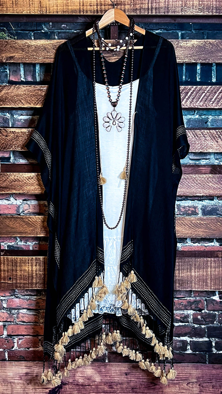 Going With The Wind Gauze Tassel Fringe Kimono in Black