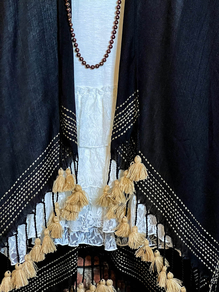 Going With The Wind Gauze Tassel Fringe Kimono in Black
