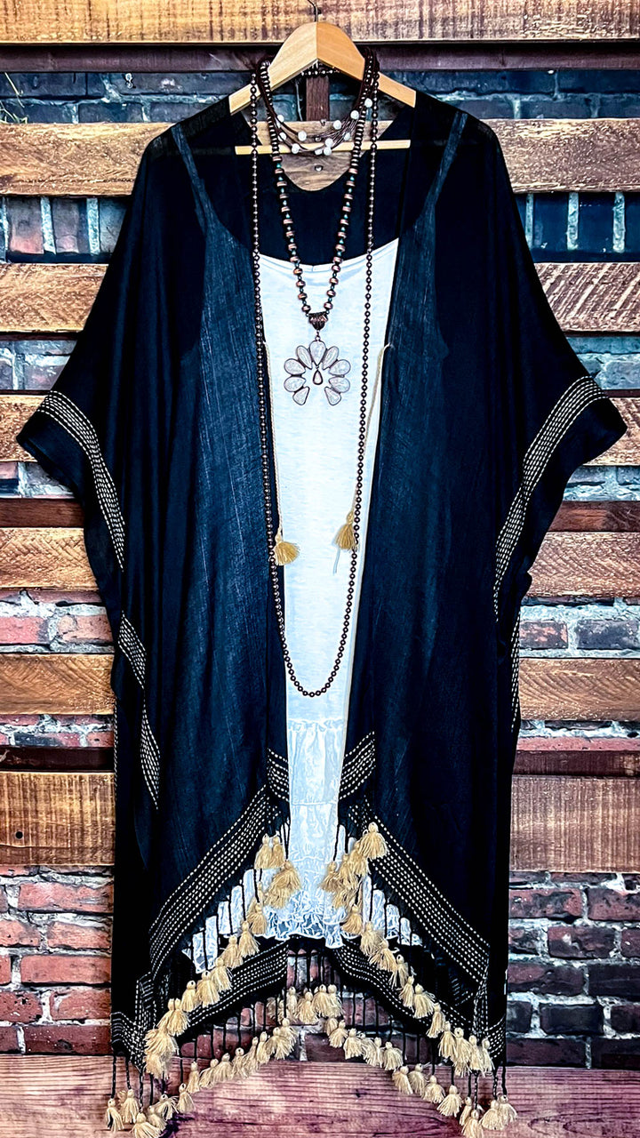 Going With The Wind Gauze Tassel Fringe Kimono in Black