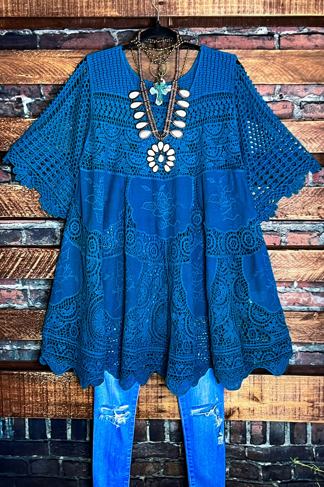 GRACEFUL BEAUTY 100% COTTON CROCHET LACE TUNIC IN TEAL