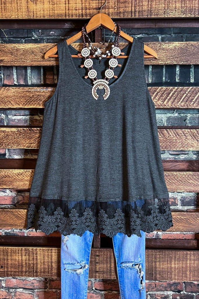 FULL OF GRACE CHARCOAL LACE SLIP DRESS EXTENDER TOP