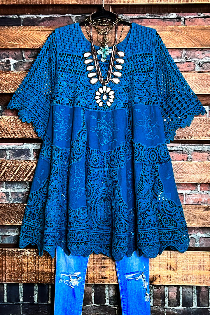 GRACEFUL BEAUTY 100% COTTON CROCHET LACE TUNIC IN TEAL