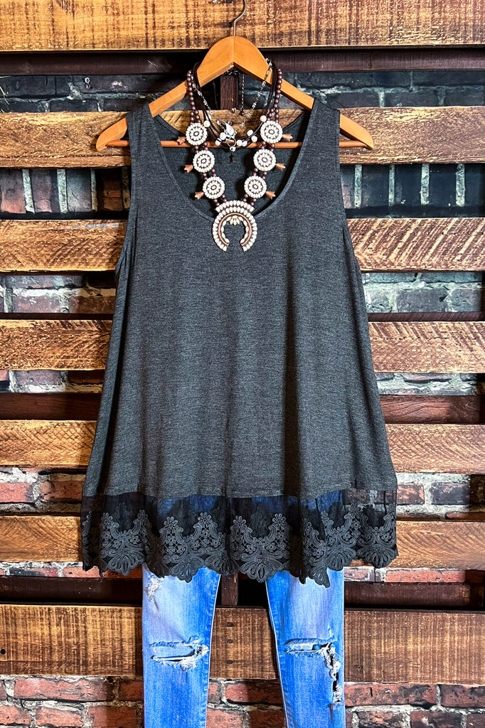 FULL OF GRACE CHARCOAL LACE SLIP DRESS EXTENDER TOP