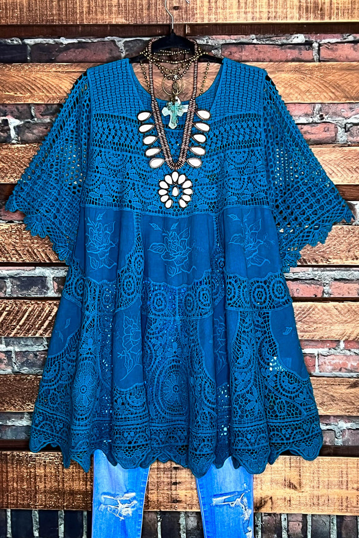 GRACEFUL BEAUTY 100% COTTON CROCHET LACE TUNIC IN TEAL