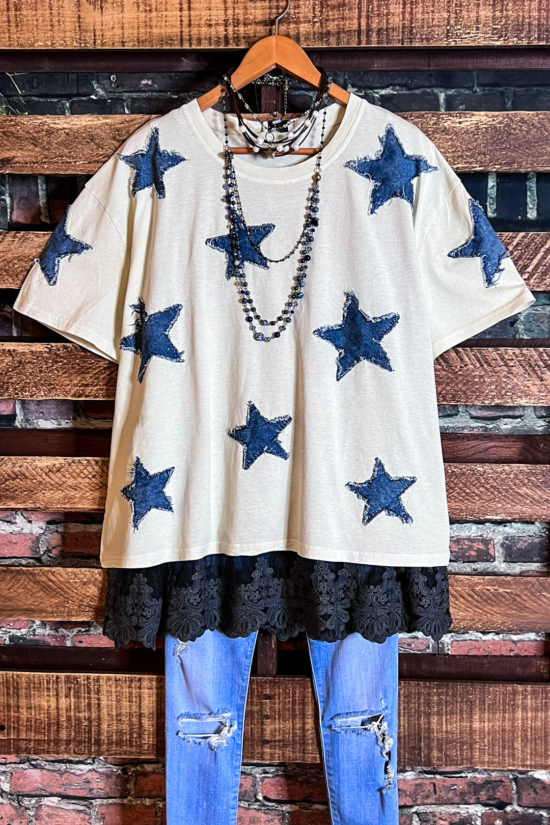 MOMENTS OF JOY STARS DENIM PATCH T-SHIRT TOP IN BEIGE & DENIM