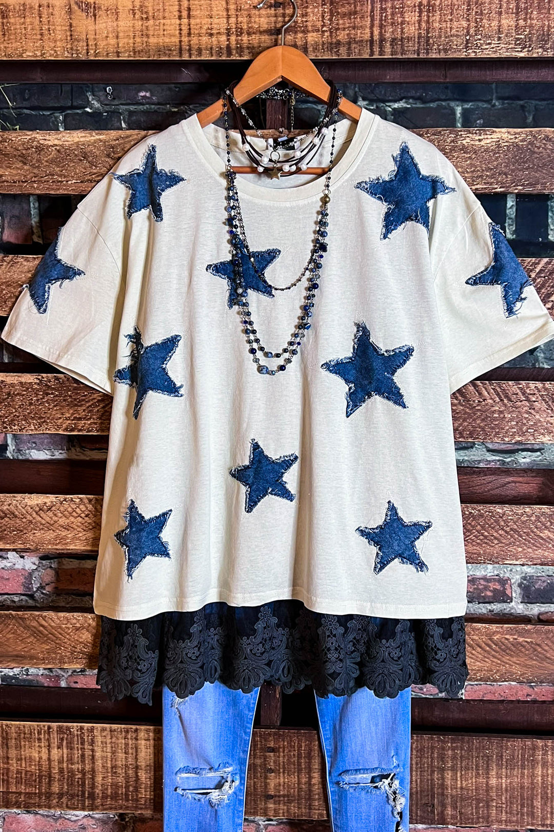 MOMENTS OF JOY STARS DENIM PATCH T-SHIRT TOP IN BEIGE & DENIM