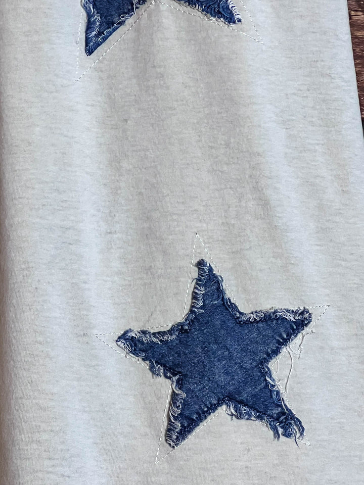 MOMENTS OF JOY STARS DENIM PATCH T-SHIRT TOP IN BEIGE & DENIM