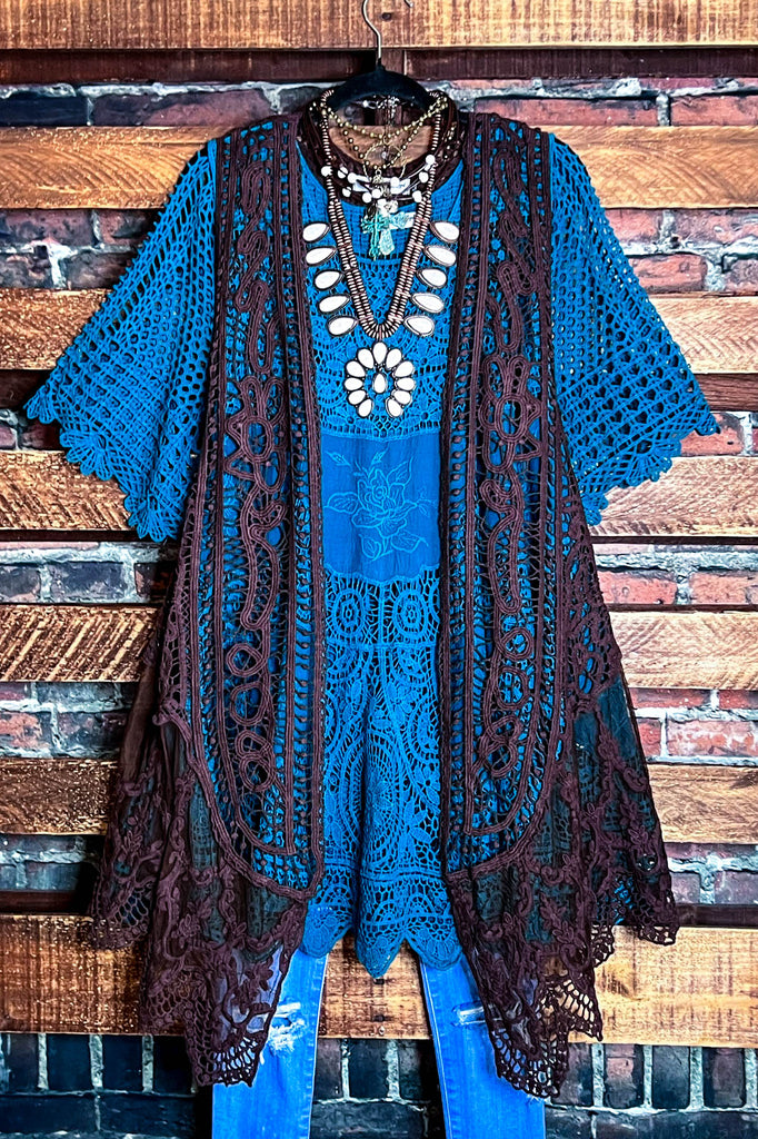 DANCIN' IN THE MOONLIGHT LACE & CROCHET VEST IN BROWN