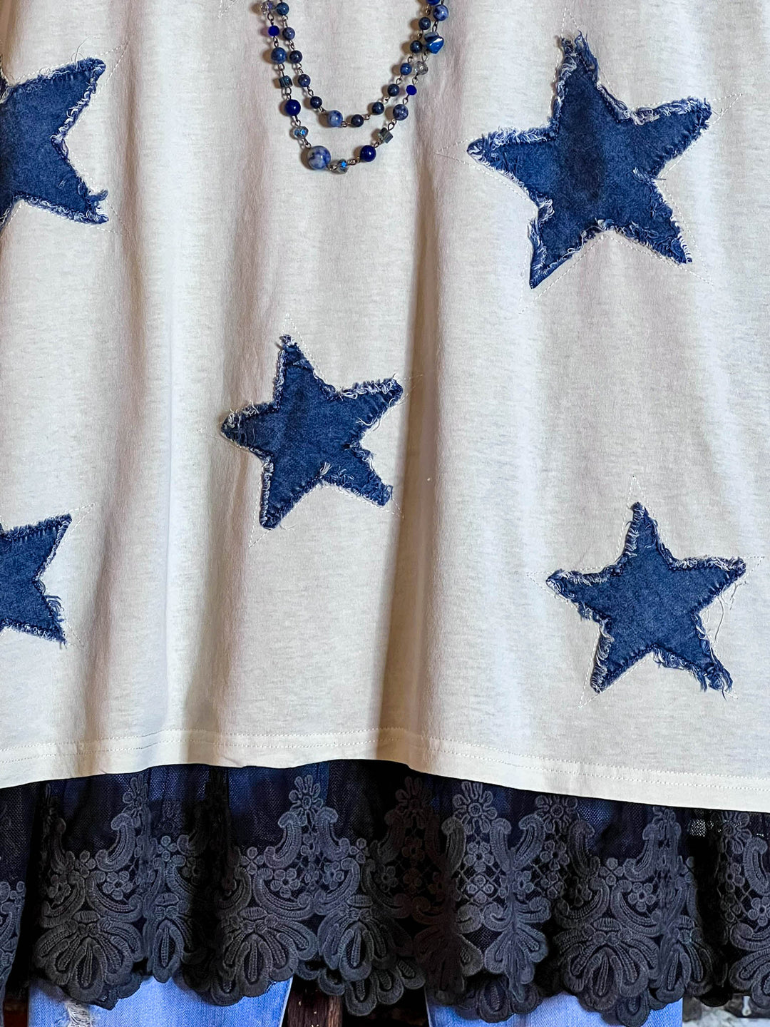 MOMENTS OF JOY STARS DENIM PATCH T-SHIRT TOP IN BEIGE & DENIM