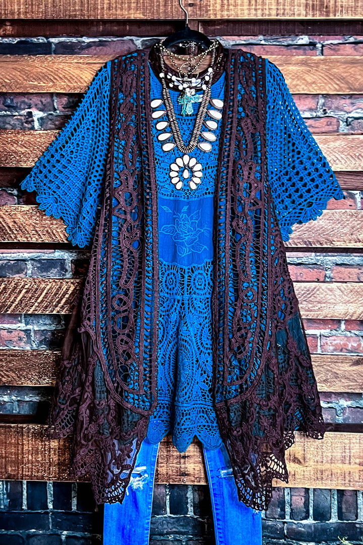 DANCIN' IN THE MOONLIGHT LACE & CROCHET VEST IN BROWN