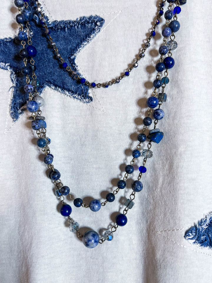 MOMENTS OF JOY STARS DENIM PATCH T-SHIRT TOP IN BEIGE & DENIM