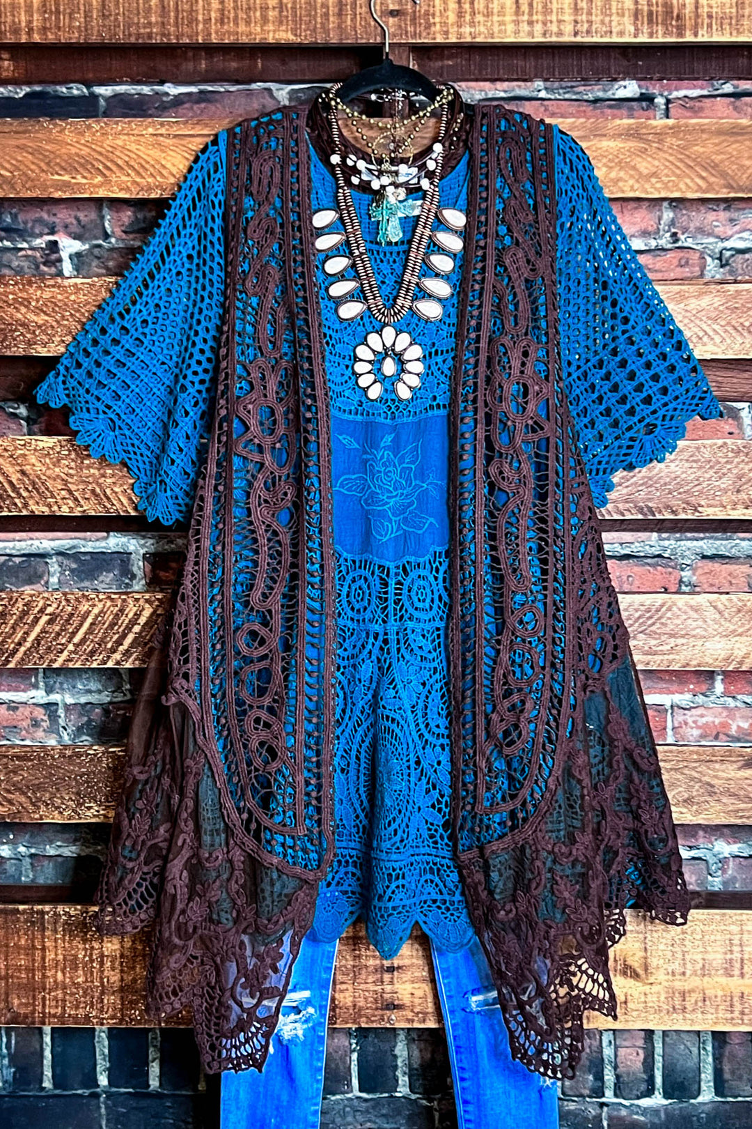 DANCIN' IN THE MOONLIGHT LACE & CROCHET VEST IN BROWN