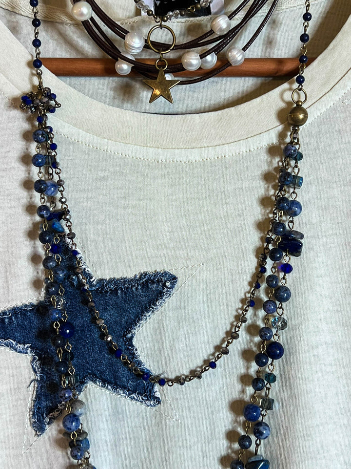 MOMENTS OF JOY STARS DENIM PATCH T-SHIRT TOP IN BEIGE & DENIM