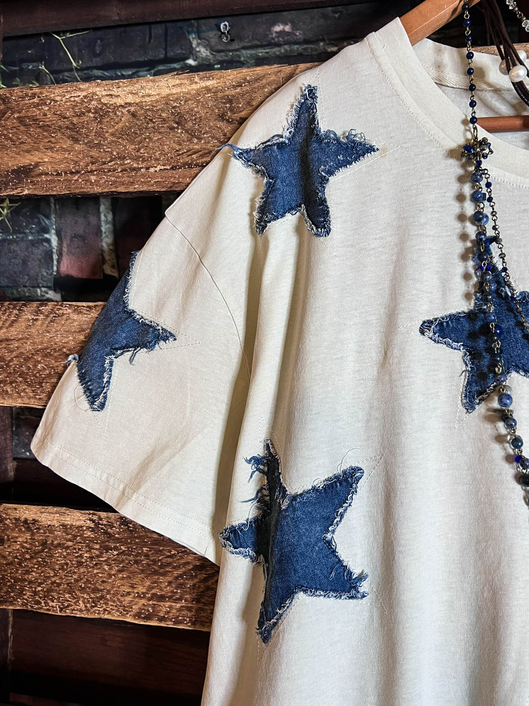 MOMENTS OF JOY STARS DENIM PATCH T-SHIRT TOP IN BEIGE & DENIM
