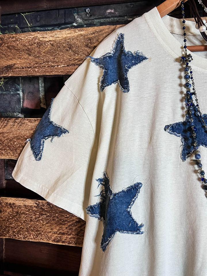MOMENTS OF JOY STARS DENIM PATCH T-SHIRT TOP IN BEIGE & DENIM