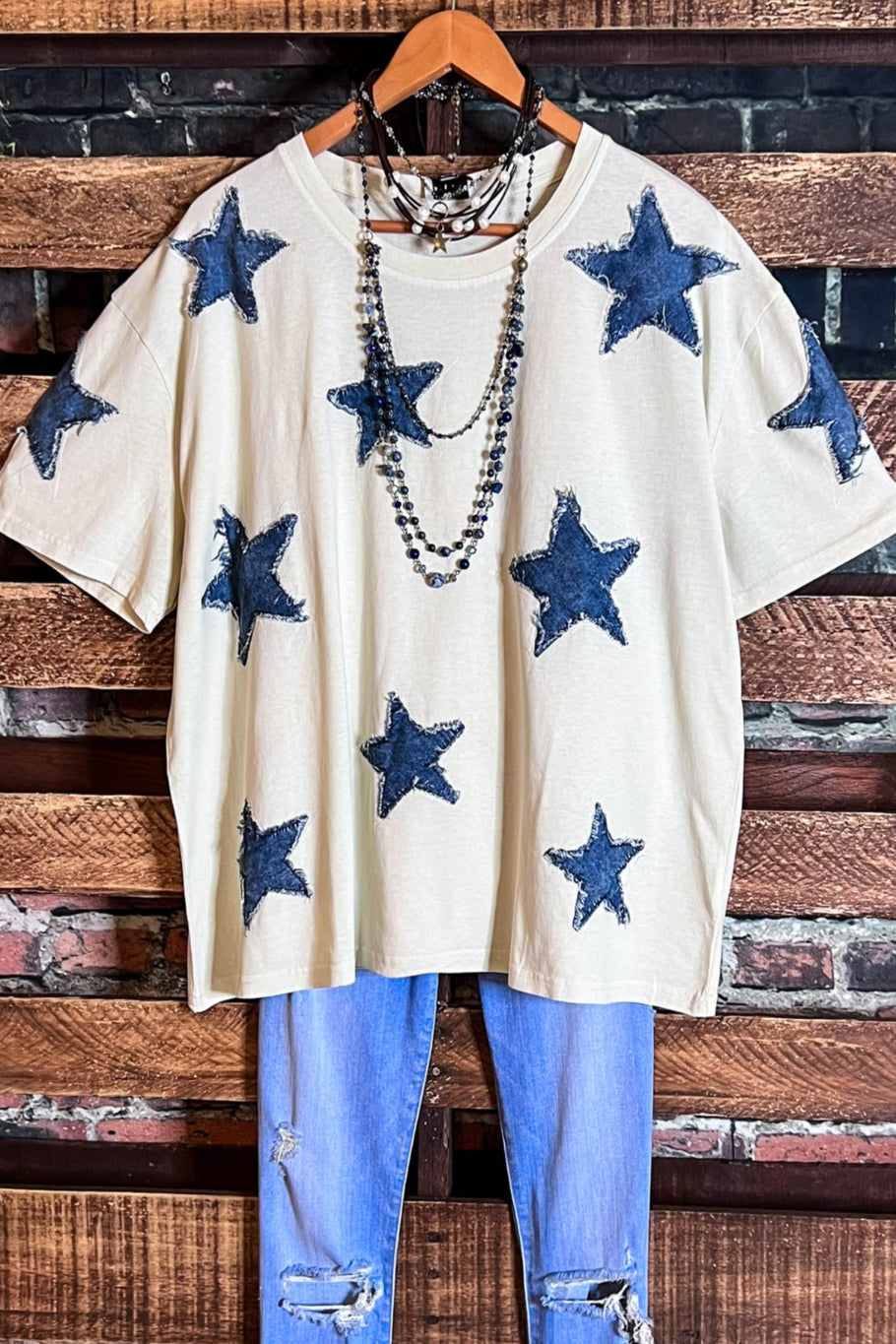 MOMENTS OF JOY STARS DENIM PATCH T-SHIRT TOP IN BEIGE & DENIM