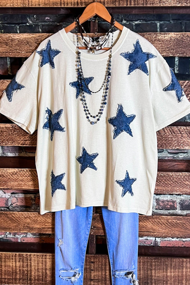 MOMENTS OF JOY STARS DENIM PATCH T-SHIRT TOP IN BEIGE & DENIM