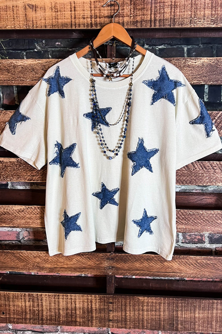 MOMENTS OF JOY STARS DENIM PATCH T-SHIRT TOP IN BEIGE & DENIM