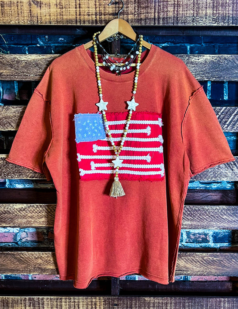 FEEL FREE 100%COTTON MINERAL WASH AMERICAN FLAG PATCH TUNIC IN BURNT ORANGE