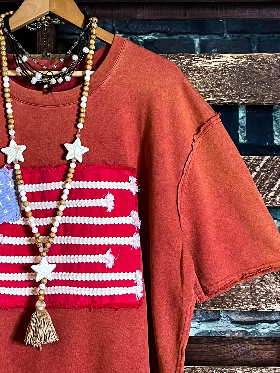 FEEL FREE 100%COTTON MINERAL WASH AMERICAN FLAG PATCH TUNIC IN BURNT ORANGE
