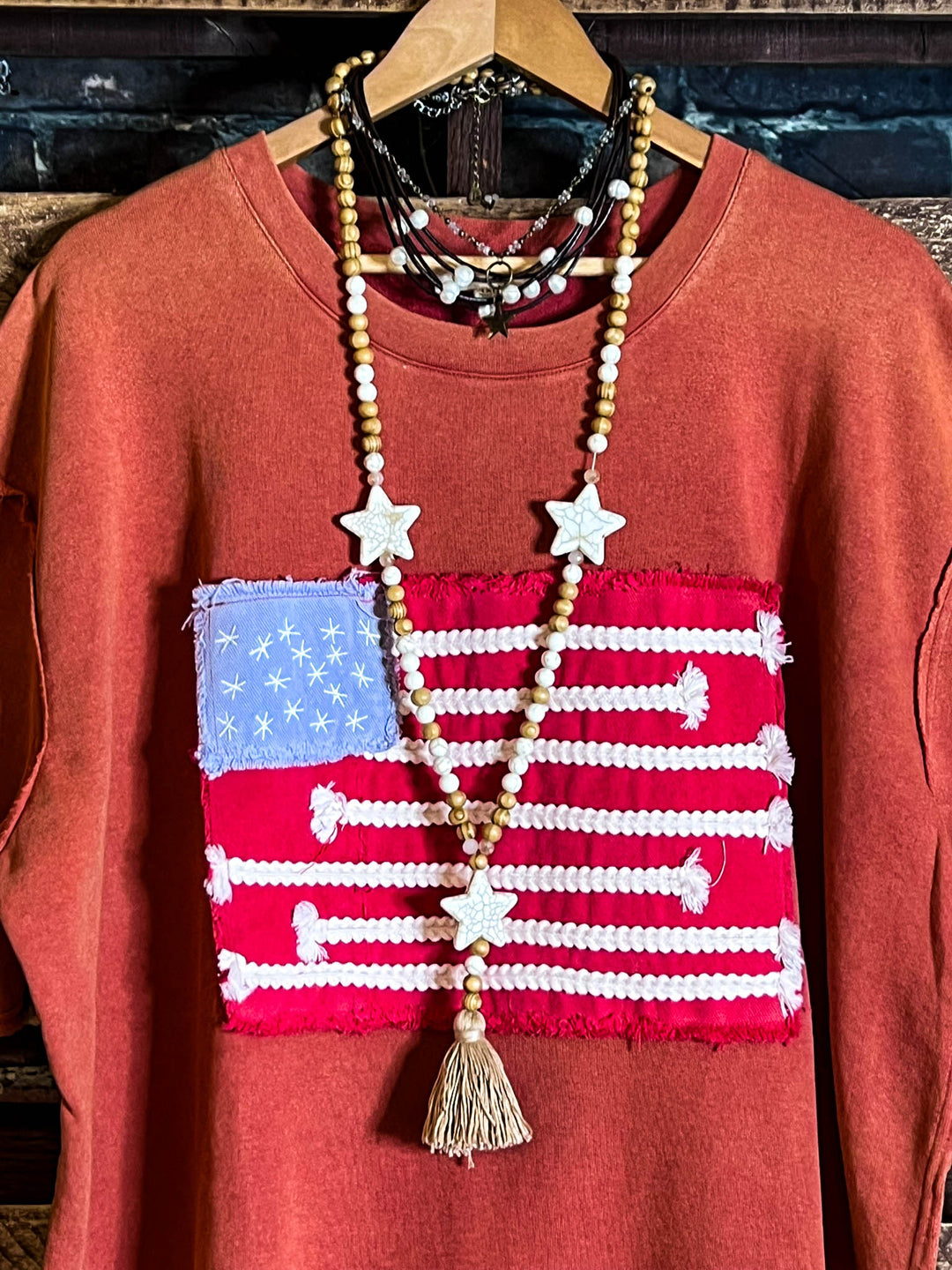 FEEL FREE 100%COTTON MINERAL WASH AMERICAN FLAG PATCH TUNIC IN BURNT ORANGE