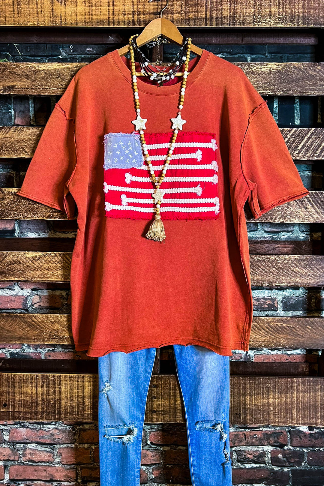 FEEL FREE 100%COTTON MINERAL WASH AMERICAN FLAG PATCH TUNIC IN BURNT ORANGE