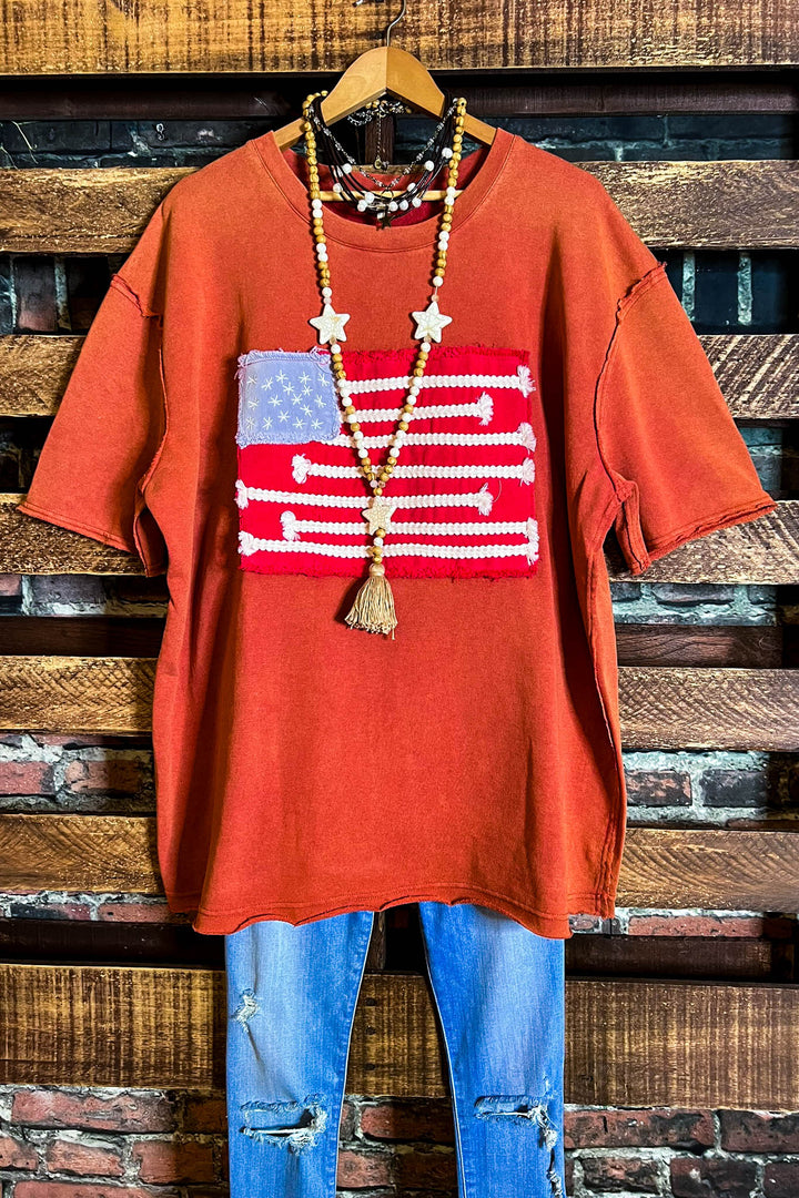 FEEL FREE 100%COTTON MINERAL WASH AMERICAN FLAG PATCH TUNIC IN BURNT ORANGE
