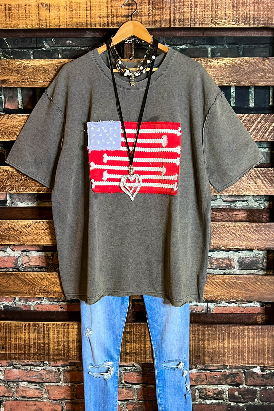 FEEL FREE 100%COTTON MINERAL WASH AMERICAN FLAG PATCH TUNIC IN GRAY