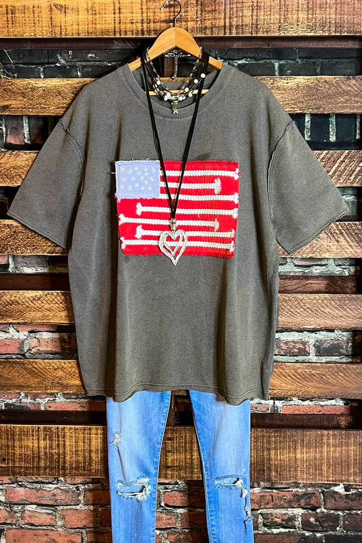 FEEL FREE 100%COTTON MINERAL WASH AMERICAN FLAG PATCH TUNIC IN GRAY