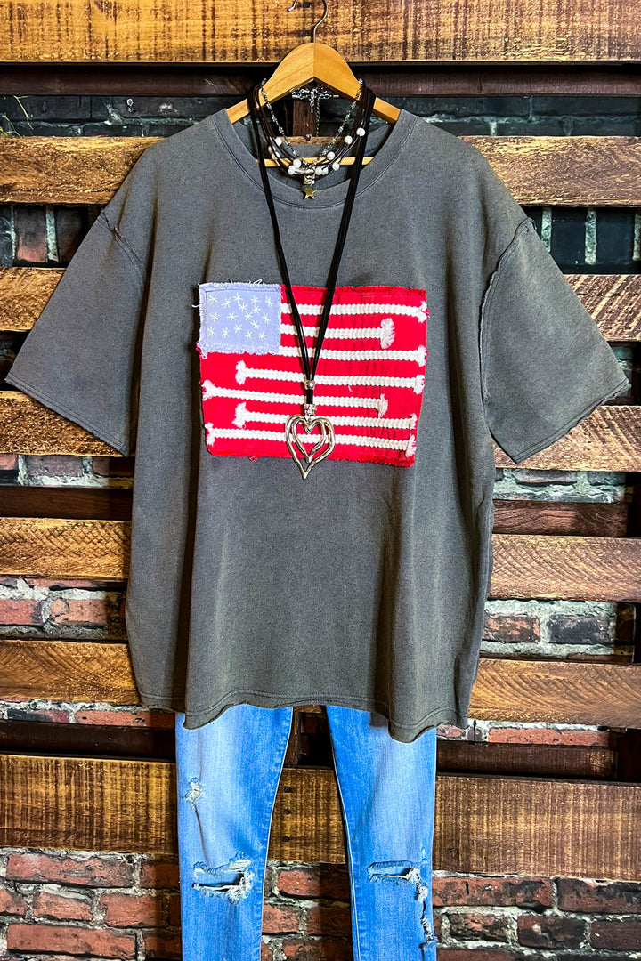 FEEL FREE 100%COTTON MINERAL WASH AMERICAN FLAG PATCH TUNIC IN GRAY