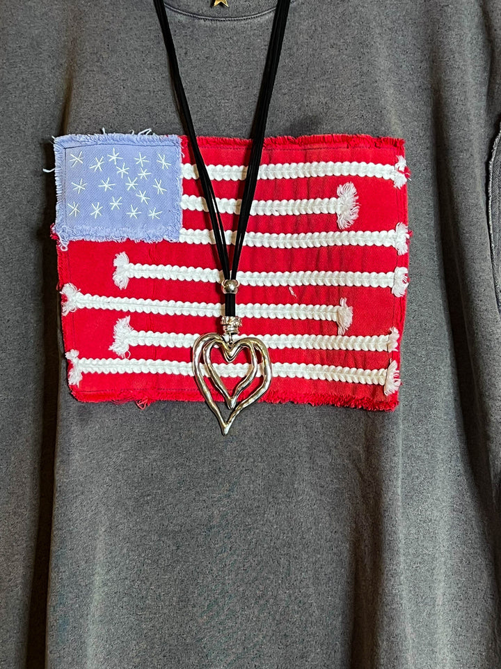 FEEL FREE 100%COTTON MINERAL WASH AMERICAN FLAG PATCH TUNIC IN GRAY