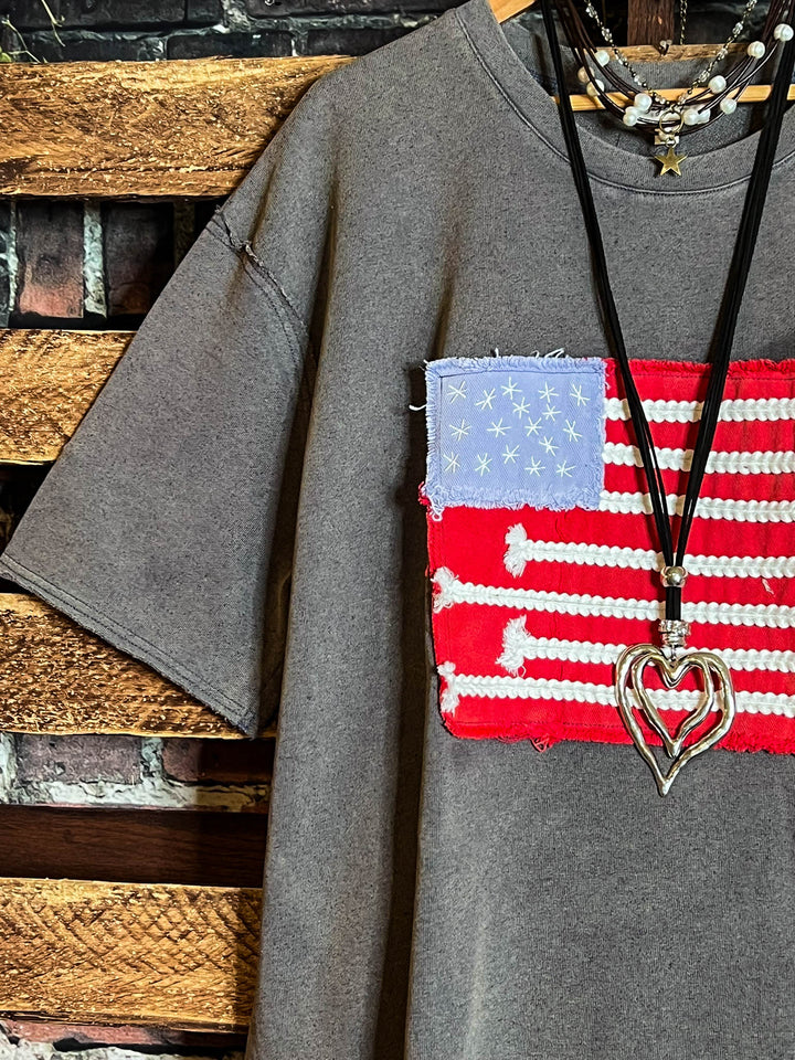 FEEL FREE 100%COTTON MINERAL WASH AMERICAN FLAG PATCH TUNIC IN GRAY