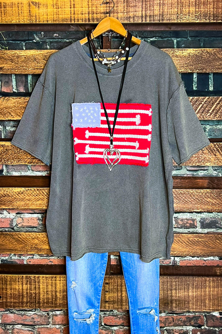 FEEL FREE 100%COTTON MINERAL WASH AMERICAN FLAG PATCH TUNIC IN GRAY