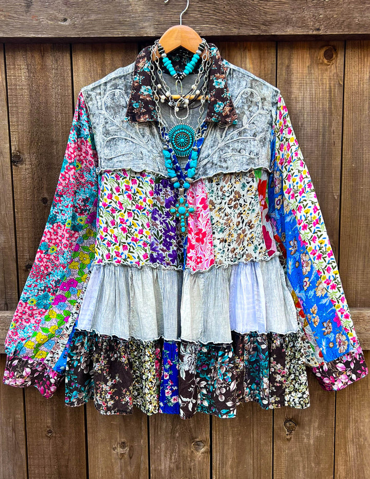 Patchwork Love Soul Tunic - Slate & Multi-Color