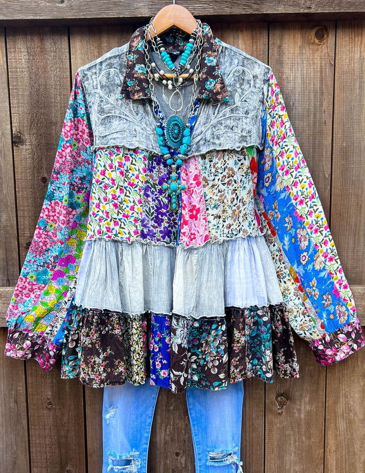 Patchwork Love Soul Tunic - Slate & Multi-Color