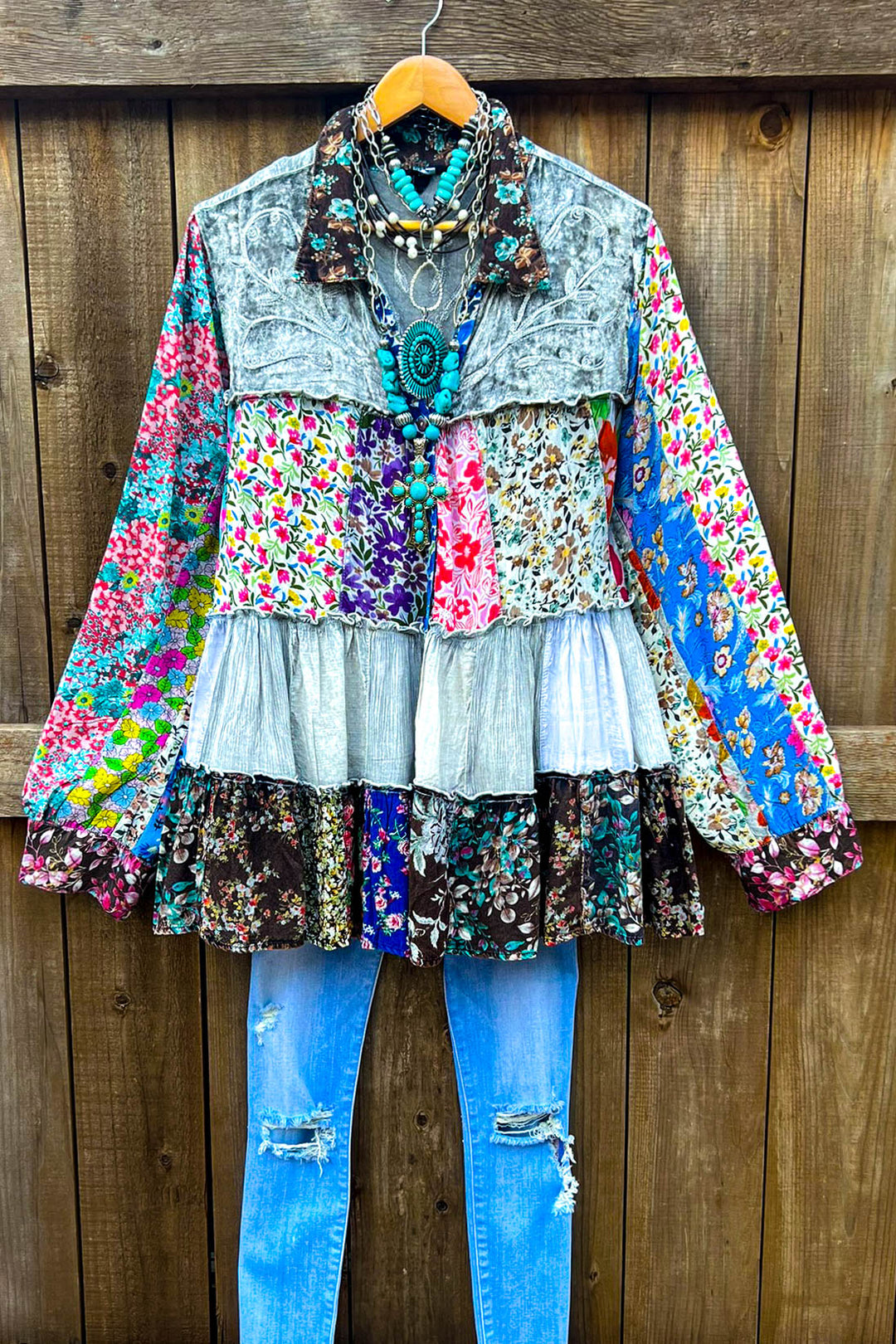 Patchwork Love Soul Tunic - Slate & Multi-Color