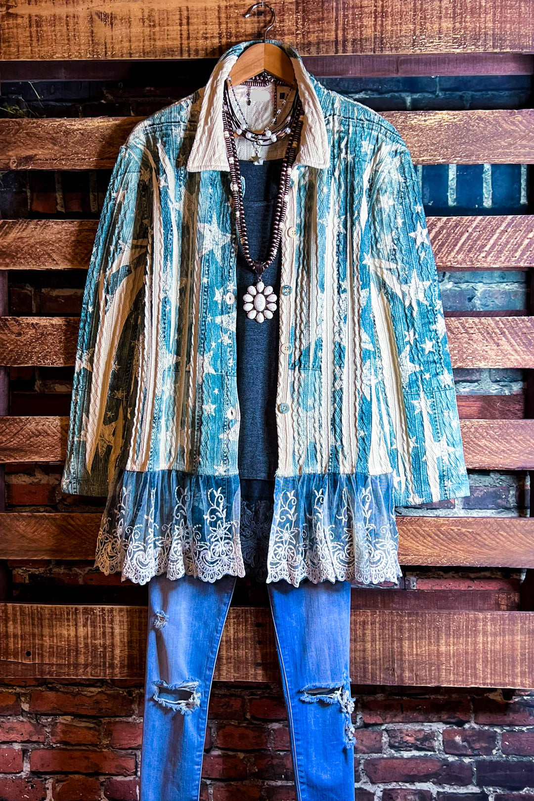 BLISSFUL MOMENTS LACE JACKET IN BLUE DENIM COLOR