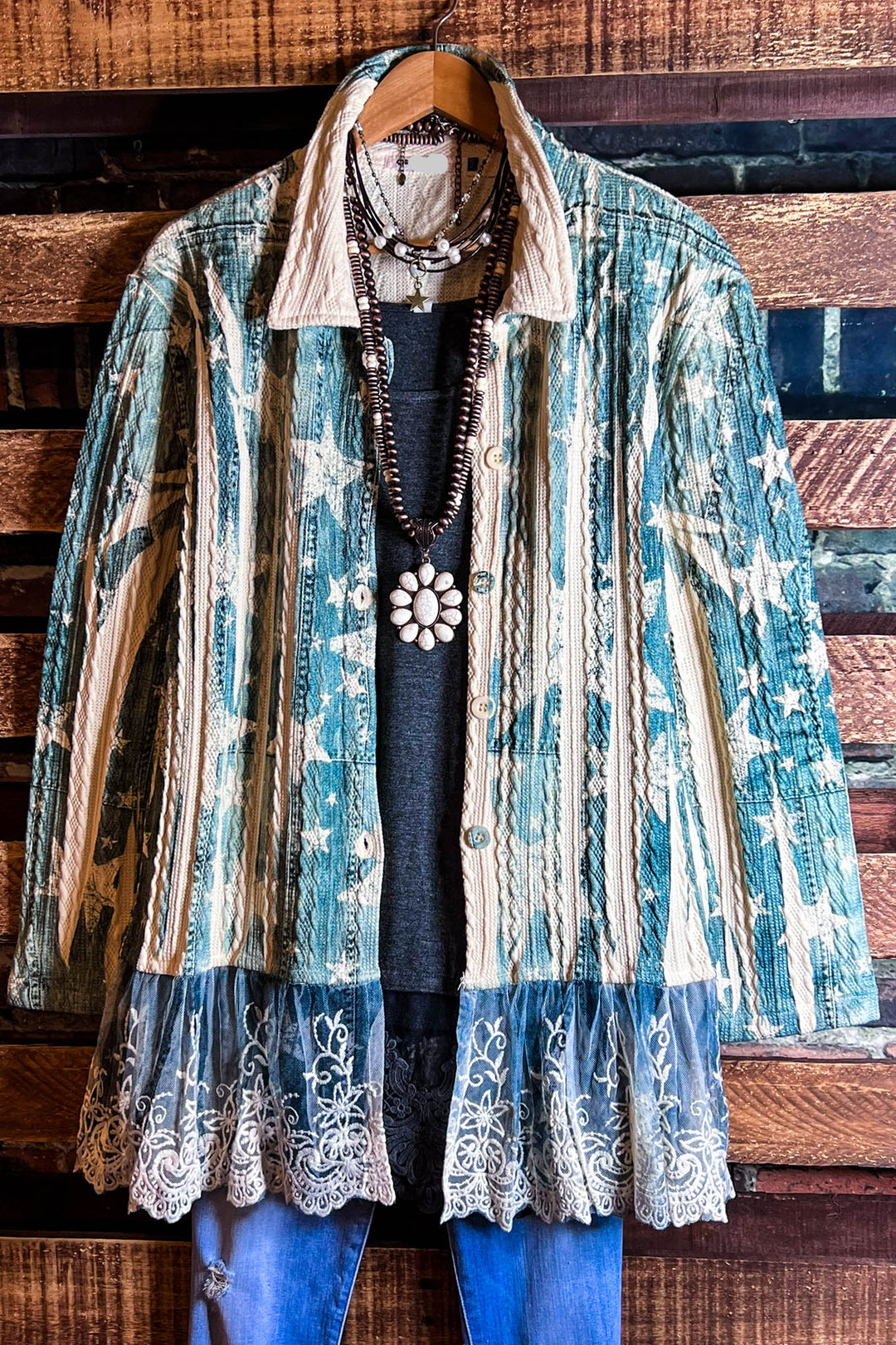 BLISSFUL MOMENTS LACE JACKET IN BLUE DENIM COLOR