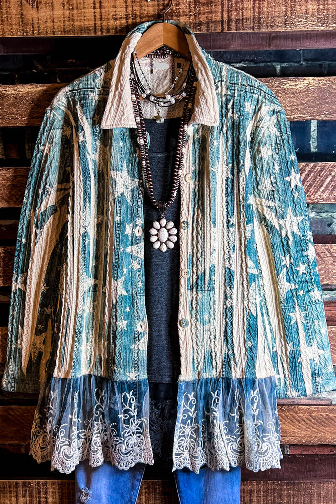 BLISSFUL MOMENTS FAB LACE JACKET IN BLUE DENIM COLOR