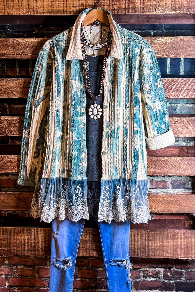 BLISSFUL MOMENTS FAB LACE JACKET IN BLUE DENIM COLOR