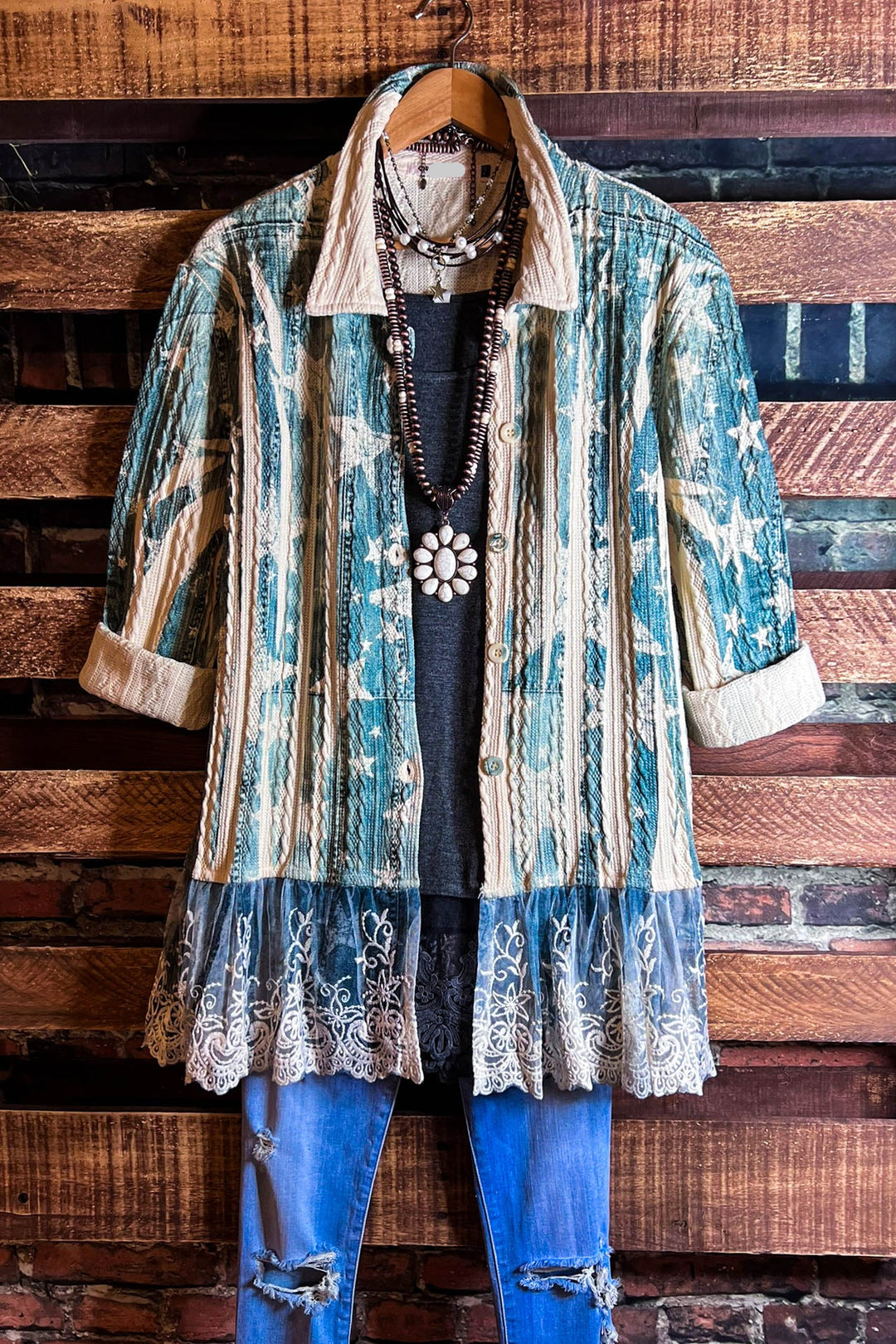 BLISSFUL MOMENTS LACE JACKET IN BLUE DENIM COLOR