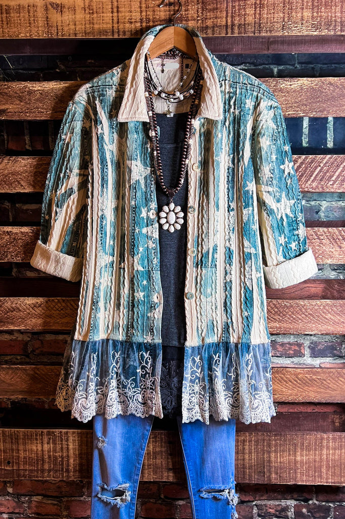 BLISSFUL MOMENTS FAB LACE JACKET IN BLUE DENIM COLOR