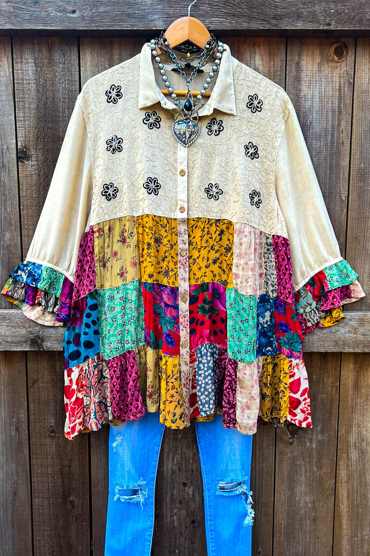 Patchwork Meadow Oaks Top - Latte & Multi-Color