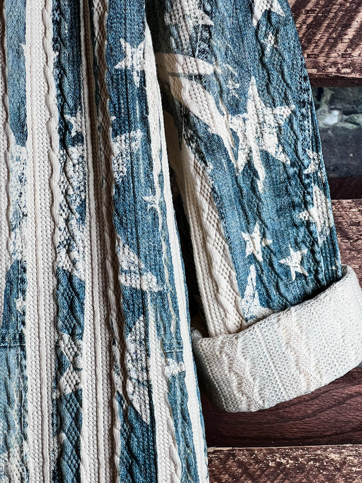 BLISSFUL MOMENTS LACE JACKET IN BLUE DENIM COLOR