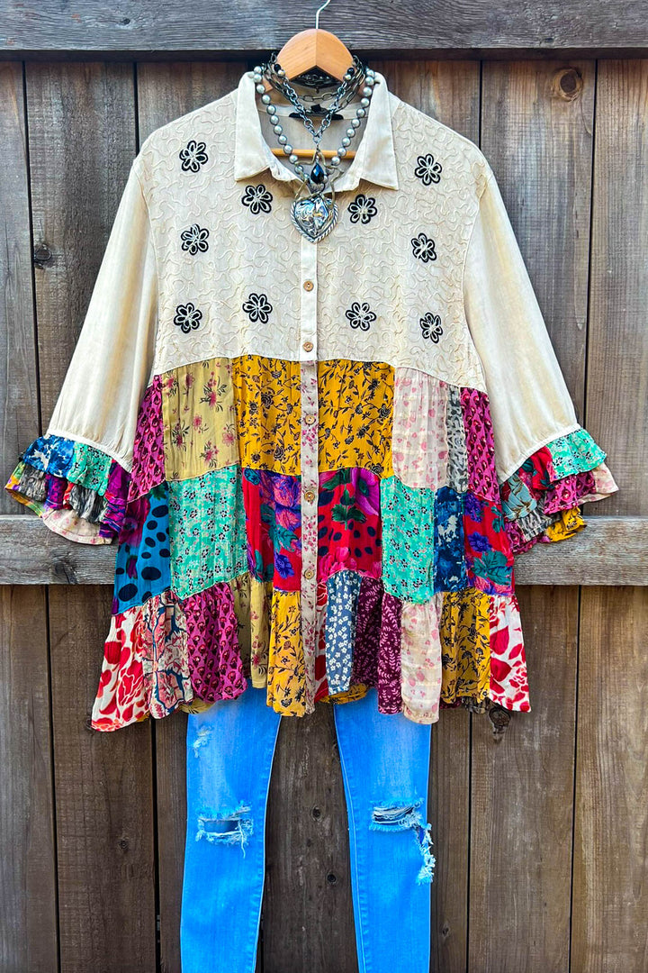 Patchwork Meadow Oaks Top - Latte & Multi-Color