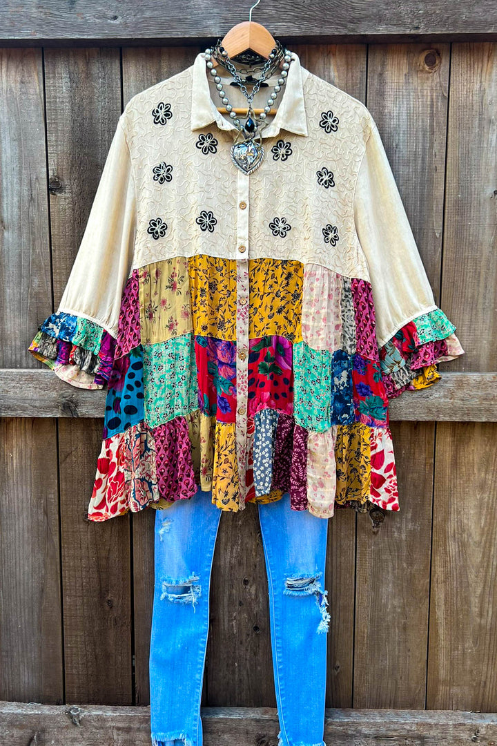 Patchwork Meadow Oaks Top - Latte & Multi-Color