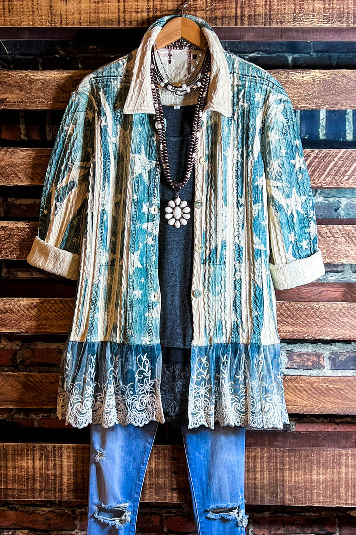 BLISSFUL MOMENTS LACE JACKET IN BLUE DENIM COLOR