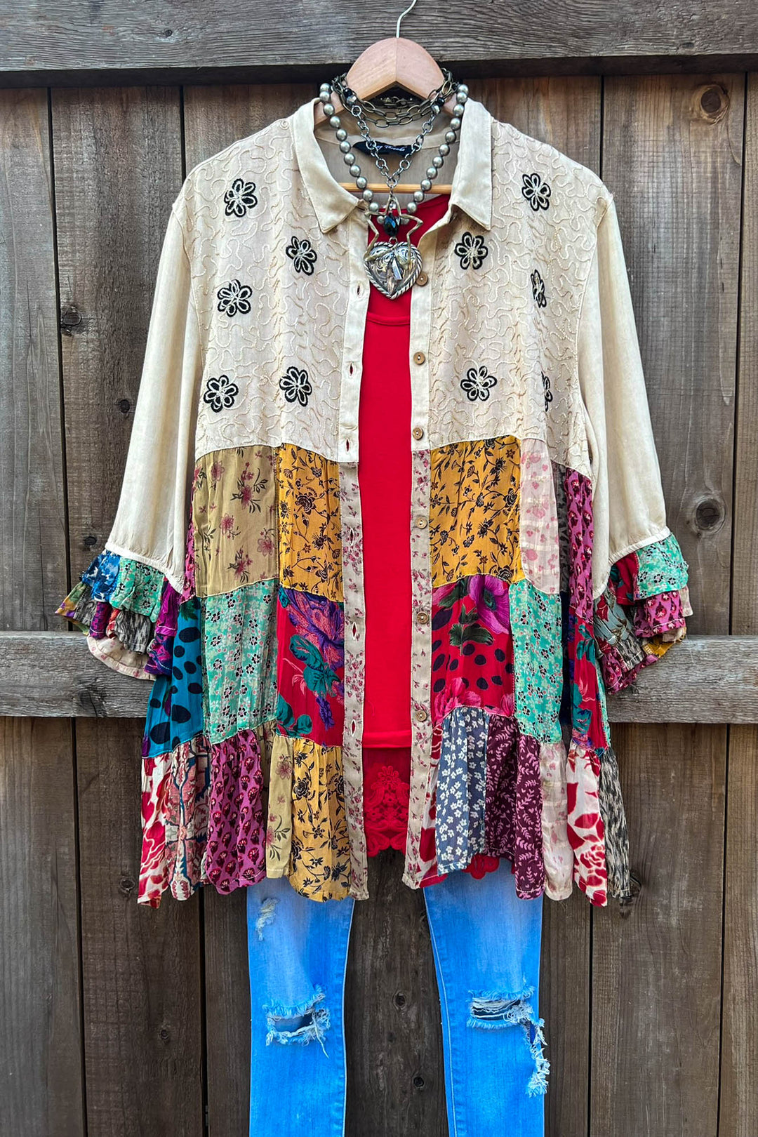 Patchwork Meadow Oaks Top - Latte & Multi-Color
