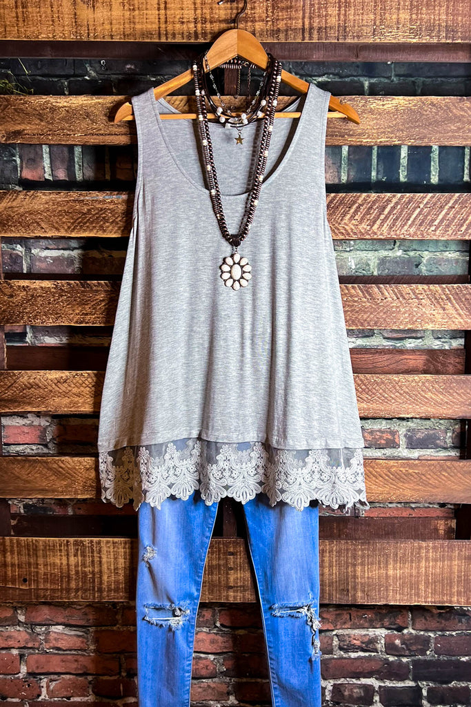 FULL OF GRACE HEATHER GRAY LACE SLIP DRESS EXTENDER TOP